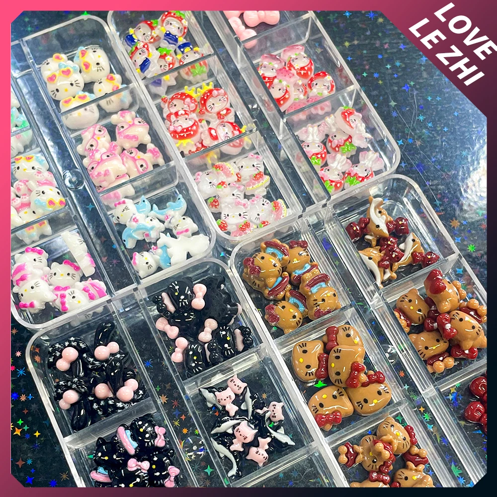 120Pcs 3D Sanrio Dolphin Kittycat Nail Art Charms Accessories Black Swim Ring Bowknot Nails Gems Nail Art Decoration Supplies