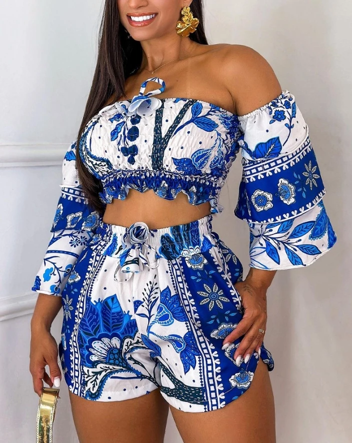 Two Piece Set Women Outfit 2024 Summer Floral Print Shirred Off The Shoulder Top & Casual Pocket Design Drawstring Shorts Set