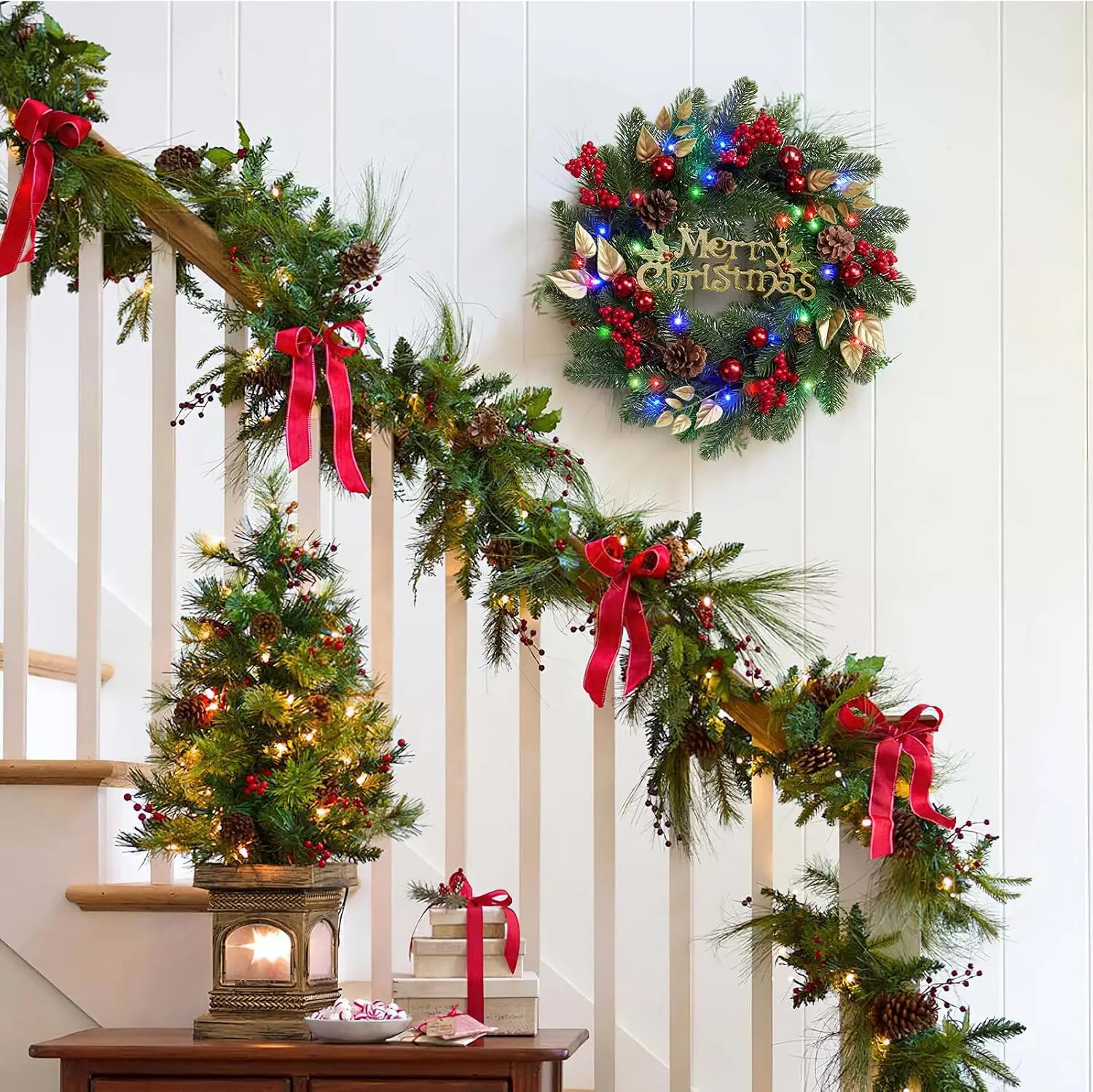 Garvee 18 Inch Pre-Lit Christmas Wreath Outdoor Lighted Christmas Wreath with Pine Cones, Berry, Colorful Lights for Front Door Artificial Xmas Wreath for Holiday Party Decorations