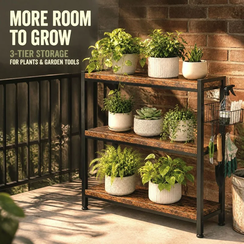 three-layer-metal-steel-and-wood-flower-stand-with-side-storage-basket-hook-living-room-balcony-multi-functional-plant-rack