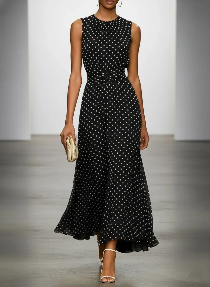 Damen-Maxikleid mit Rundhalsausschnitt, ärmellos, gepunktet, mit Taillenband, fließendes Chiffonkleid, elegantes Alltagskleid für Büro und Pendler – Detail 5