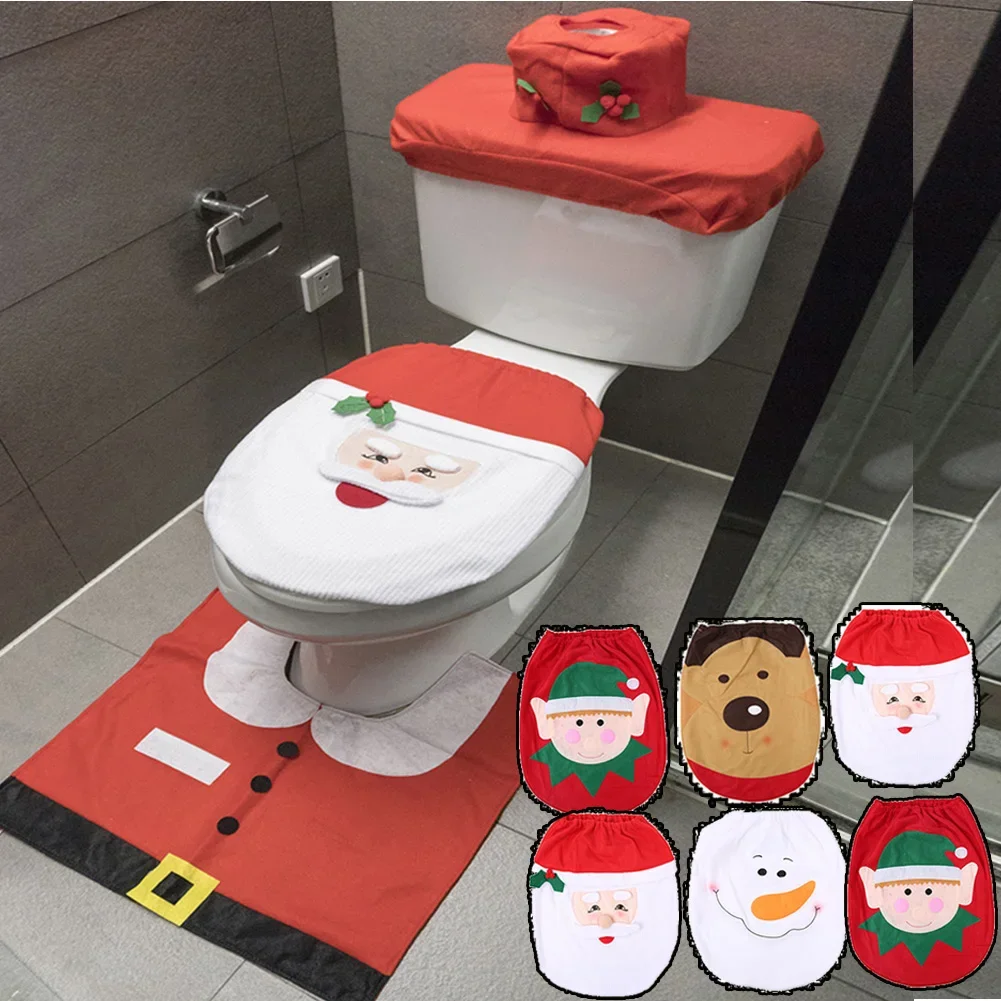 3Pcs Toilet Seat Cover & Rug Set Festival Theme Christmas Xmas Toilet Seat Cover Set Home Bathroom Product New Year Decoration