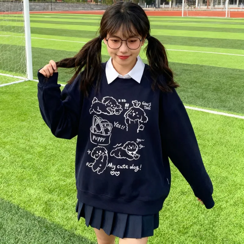 Estilo formal americano em torno do pescoço moletom feminino primavera outono 2025 dos desenhos animados bonito cães impressão pullovers escola meninas hoodies