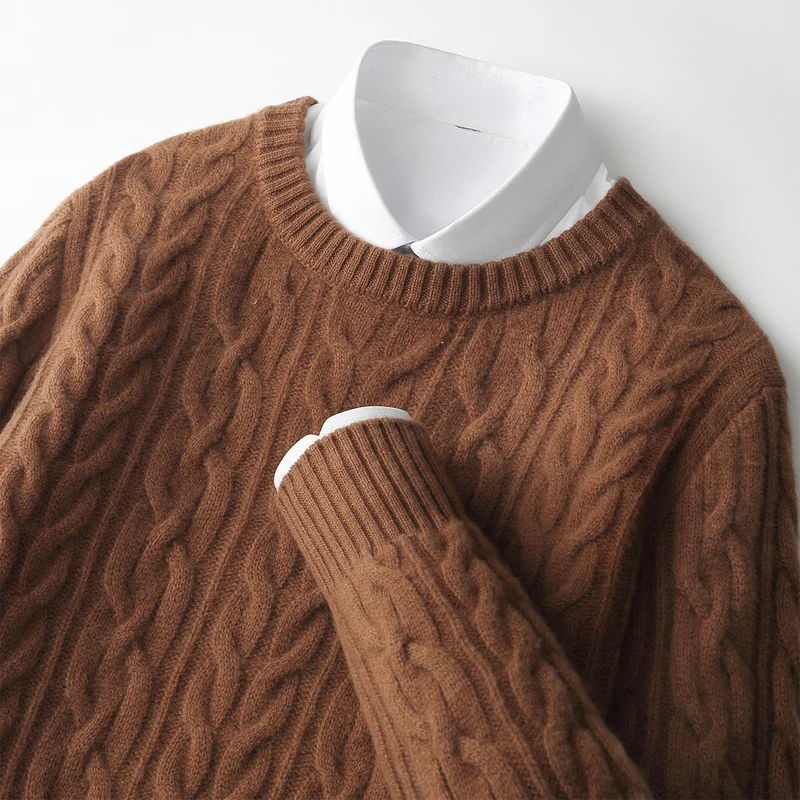 CHICUU 가을 겨울 남성용 두꺼운 O넥 케이블 니트 풀오버 스웨터 100% 메리노 울 니트 점퍼 따뜻하고 편안한 캐시미어 의류