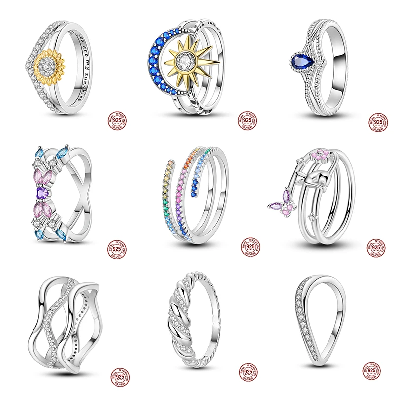 

Trendy Sunflower Ring For Women 925 Sterling Silver Double Layered Wishing Bone Blue Zircon Ring Exquisite Wedding Party Jewelry