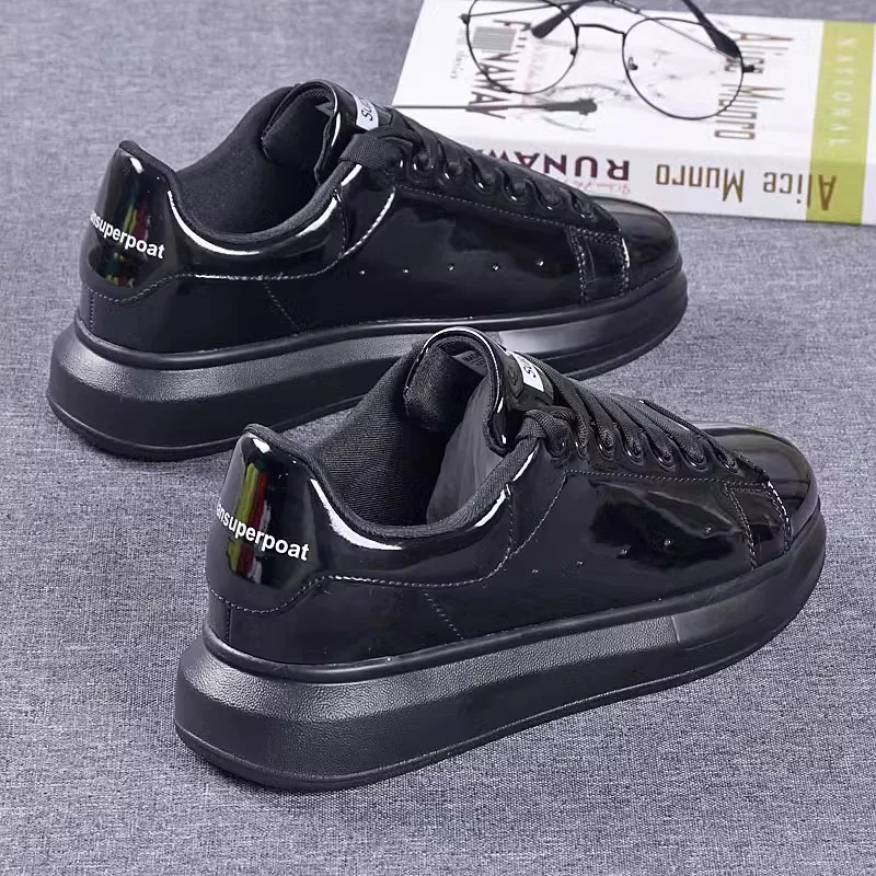 Black shiny leather white shoes for couples, breathable casual shoes, men's and women's tennis shoes, comfortable running shoes