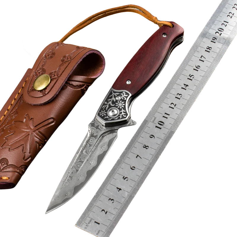 

KESIWO Damascus Folding Knife for Men, Wood Handle Outdoor Hunting knife with Leather case Self-defense Pocket Camping Knife