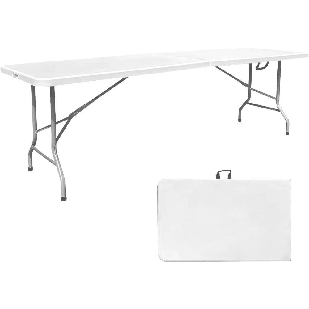 

8 Foot Folding Table 8ft Foldable Portable Plastic Picnic Tables with Handle, Fold in Half Heavy Duty Long Large Utility Table,