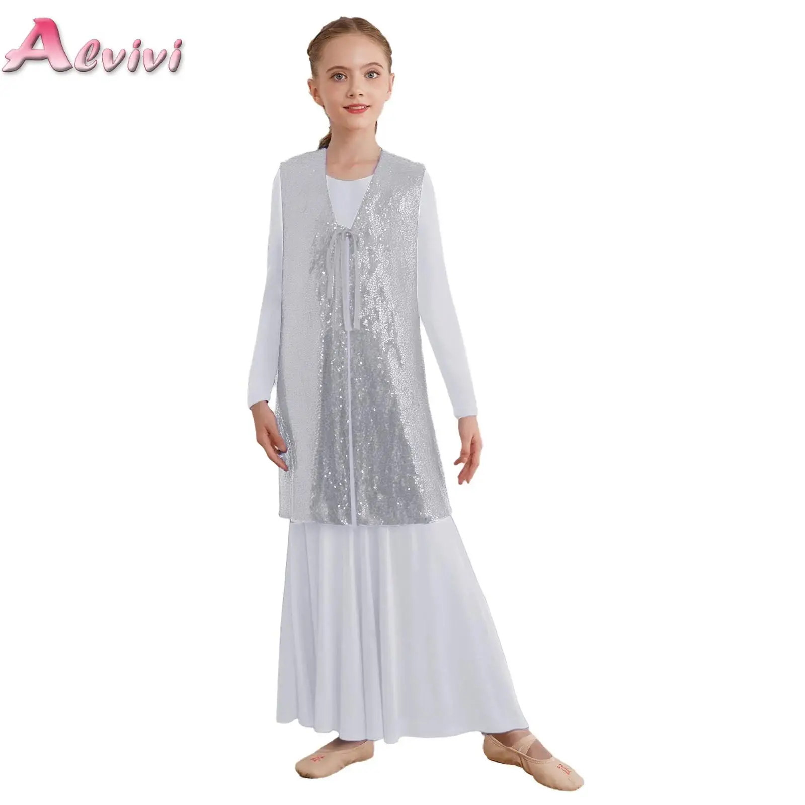 Kid Girl Rhinestone Liturgical Praise Christian Worship Church Choir Performance Costume Ballet Lyrical Dance Dresses with Tunic