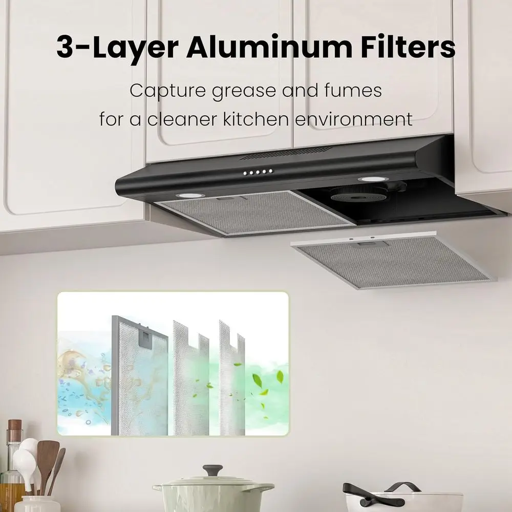 30インチ ブラック アンダーキャビネットレンジフード、ダクト式/ダクトレス式変換可能キッチン換気フード、LEDライト付き、3段階速度調整排気ファン、プッシュ式