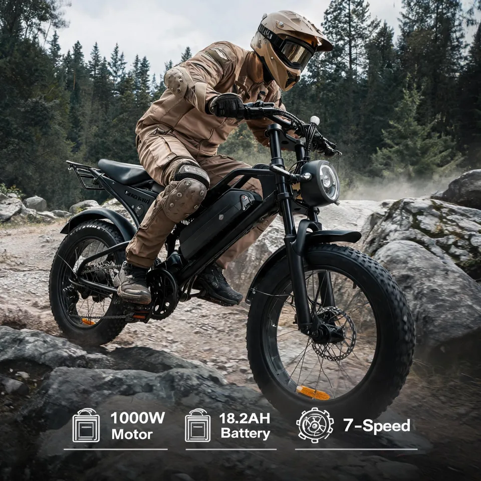 Adult Urban Commuter & Trail Riding Ebike,20" Fat Tire 1000W Brushless Motor,48V 18.2Ah Removable Battery,Max 62 Miles Range,Aluminum Swept‑Back Handlebar & Stem,Steel Shock Fork,Free Bike Bag Air Pump,USA Stock Quick Arrival