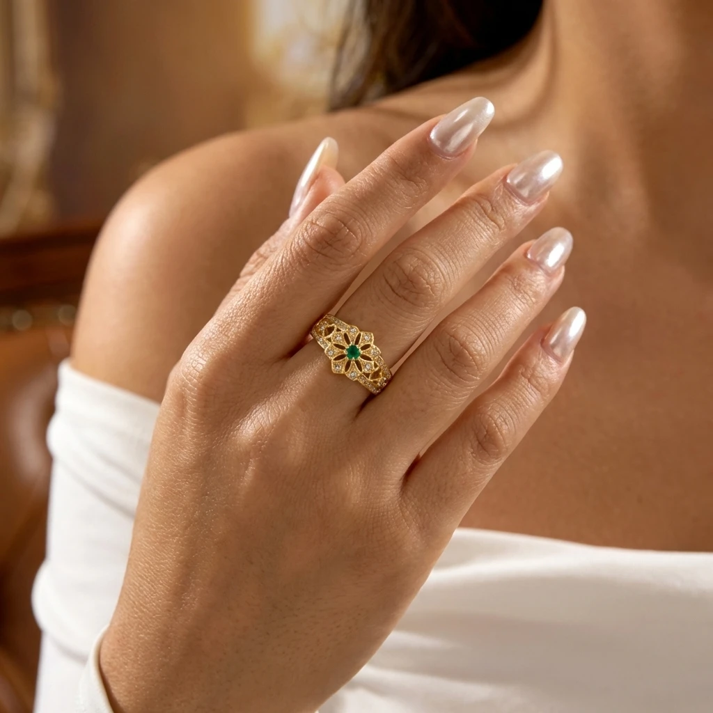 Grüne Kubische Zirkonia Hohle Blumenringe für Frauen Elegante Goldfarbene Geometrische CZ-Ringe Hochzeitstag Schmuck Geschenk – Detail 1