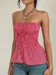 Y2k Red Gingham Crop Top Womean Sexy Strapless Ruffle Hem Sleeveless Button Cami Coquette Aesthetic Plaid Print Crop Top Summer