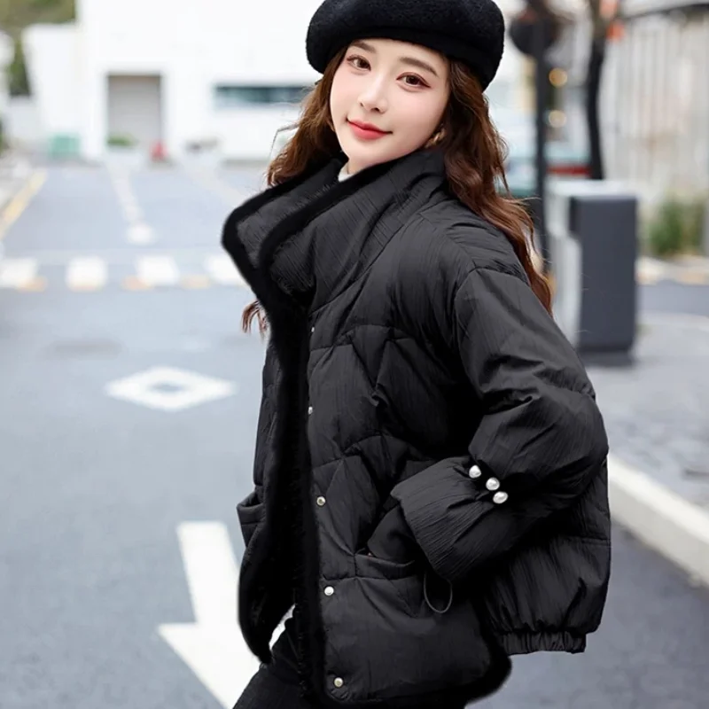 Lightweight Puffer Coats for Women, Standing Collar Outerwear, Luxury Pearls, Short Down Jackets, Winter, New, 2024