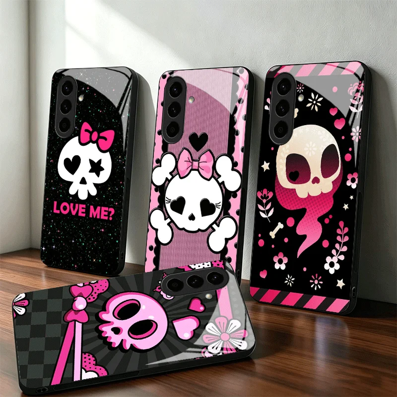Sweet And Edgy Cartoon Skeleton Glass Phone Case for Samsung A17 A16 A15 A14 A13 A57 A56 A55 A54 A53 A37 A36 A35 A34 A33 A27 A26