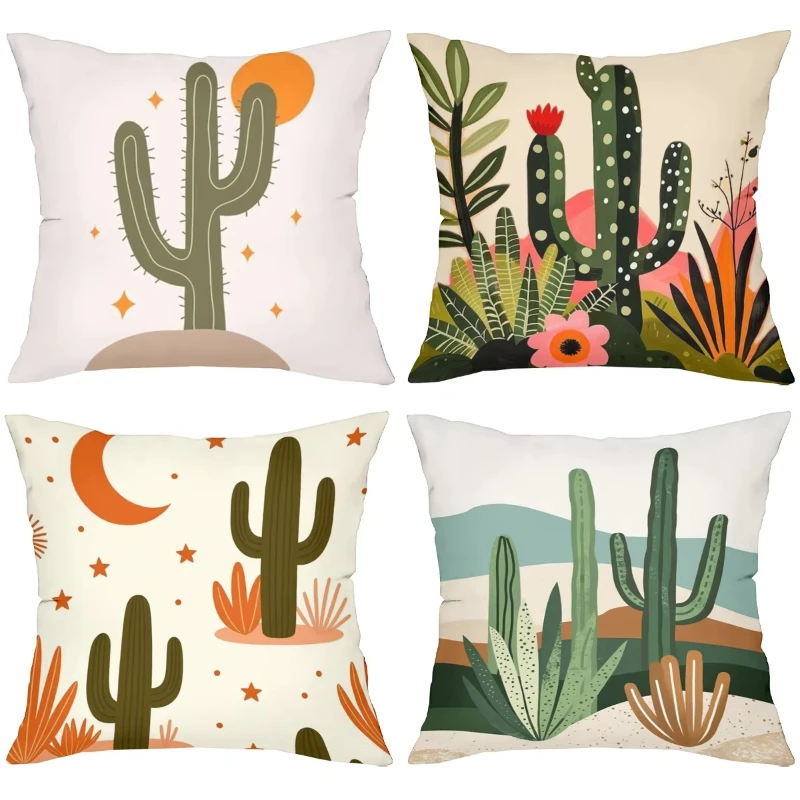 Cactus Pattern Decorative Throw Pillow Cover 2D Printed Polyester Sofa Cushion Case for Boho Desert Home Decor