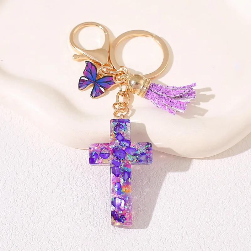 8pcs/set Sequin Filled Cross Keychain Crystal Resin Butterfly Tassels Keyring Unisex Car Key Holder Trinkets Women Party Jewelry