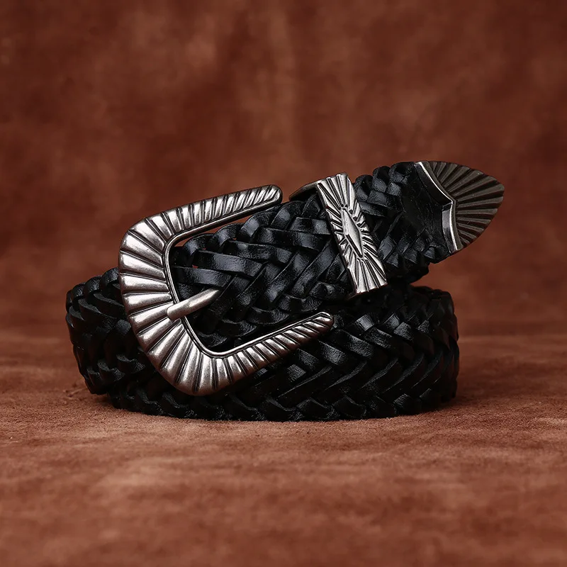 

Women's 3cm wide hand-woven belt genuine leather first layer leather belt couple versatile belt