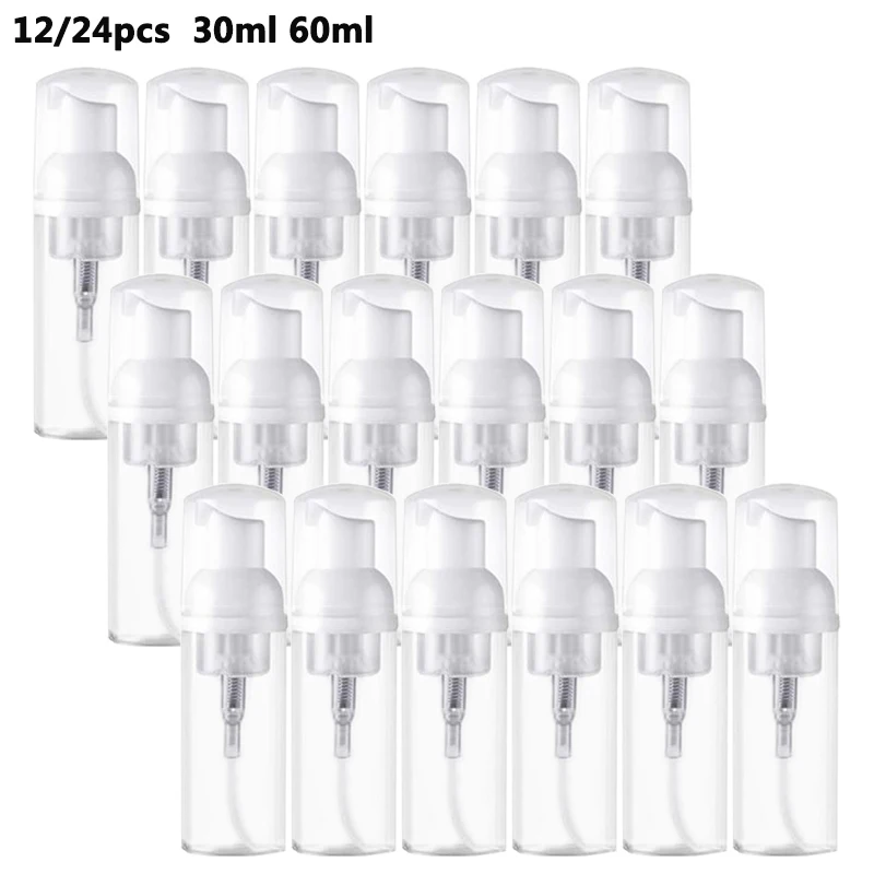 12Pcs 30/60ml Mini Foaming Soap Pump Refillable Empty Bottle White Portable Plastic Foam Dispenser Bottle for Cleaning Travel