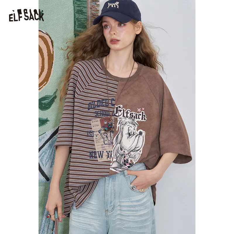 

ELFSACK 2025 Summer New Arrival Casual Color Block Stripe Print Short Sleeve T-shirt Oversized Designer Casual Top For Woman