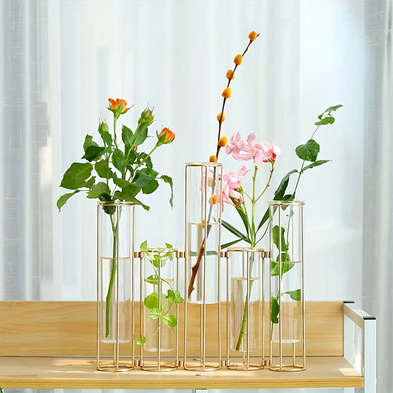 Test Tube Vase with 5 Test Tubes, Gold Vase for Centerpiece, Gold Vase with Metal Stand, Glass Vase for Wedding Home Decoration