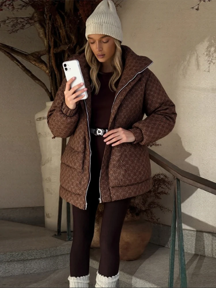 

Fashion Printed Padded Coats Women's Long Sleeve Waist-Cinching Warmed Outerwear 2025 Autumn Winter Lady Casual Daily Wear