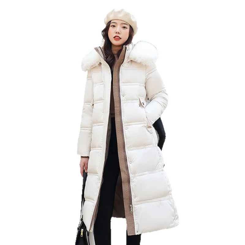 2025, neue Slim-Fit und schlankmachende große Pelzkragen, verlängerte Baumwollkleidung, langer Stil für Damen, kniehoher Gürtelstil