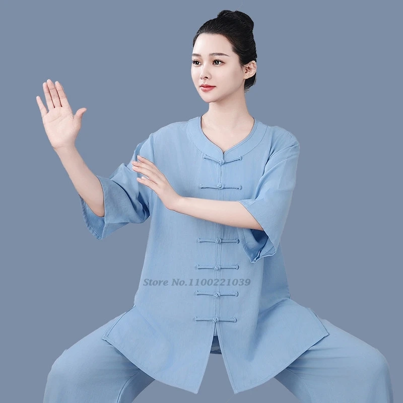 

2026 китайская униформа для тай-чи и ушу, дышащая, из хлопка и льна, для утренних тренировок, боевых искусств, кунг-фу, командных выступлений на сцене.