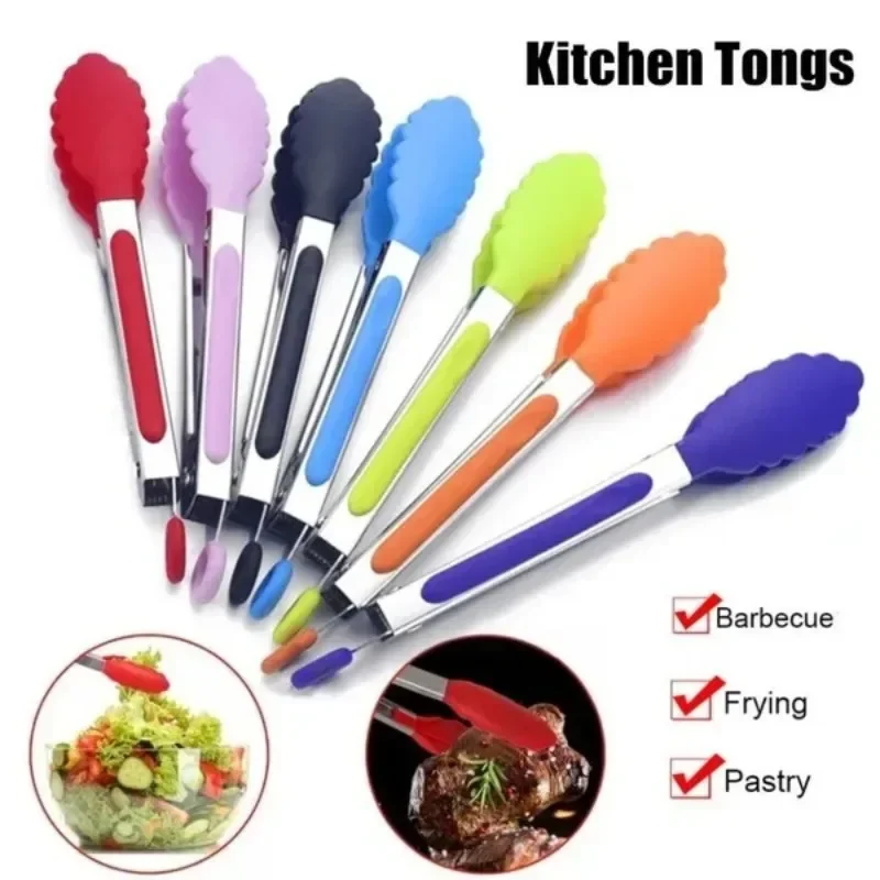 Silicone Nylon Stainless Steel Kitchen Tongs Barbecue Salad Food Fruit Tongs Clip Cooking Food Serving Tongs Kitchen BBQ Tools