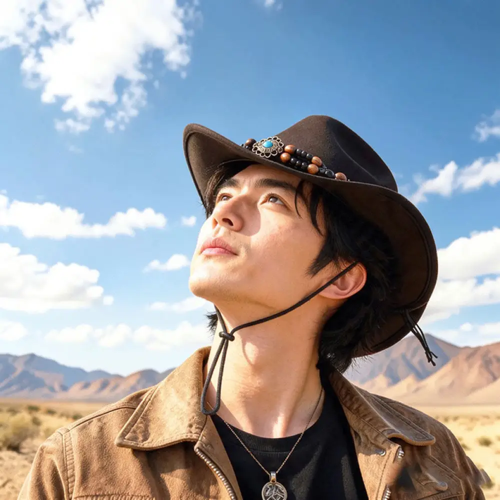 Western Cowboy Hat Unisex Felt Fedora Vintage Ethnic Pattern Large Brim Jazz Cap Breathable Comfortable Daily Wear