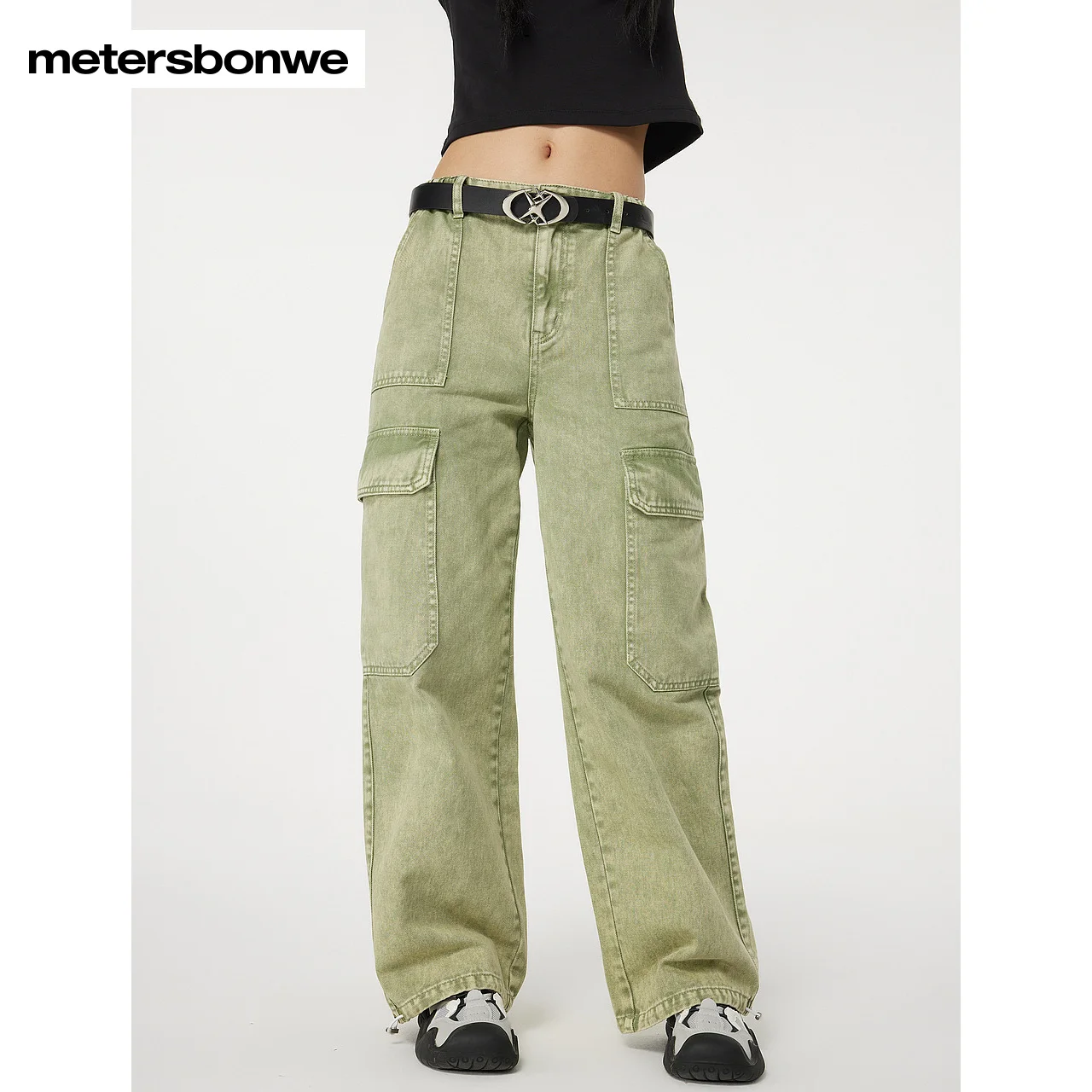 Metersbonwe-Women's 100%Cotton Straight Leg Denim Trousers Elastic Waist And Adjustable Bottom Line Jeans Fashion Cargo Pants