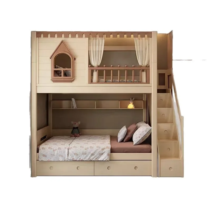Solid wood upper and lower high and lower beds with slides and steps combined beds Boys and girls Elevated beds Tree house be ds