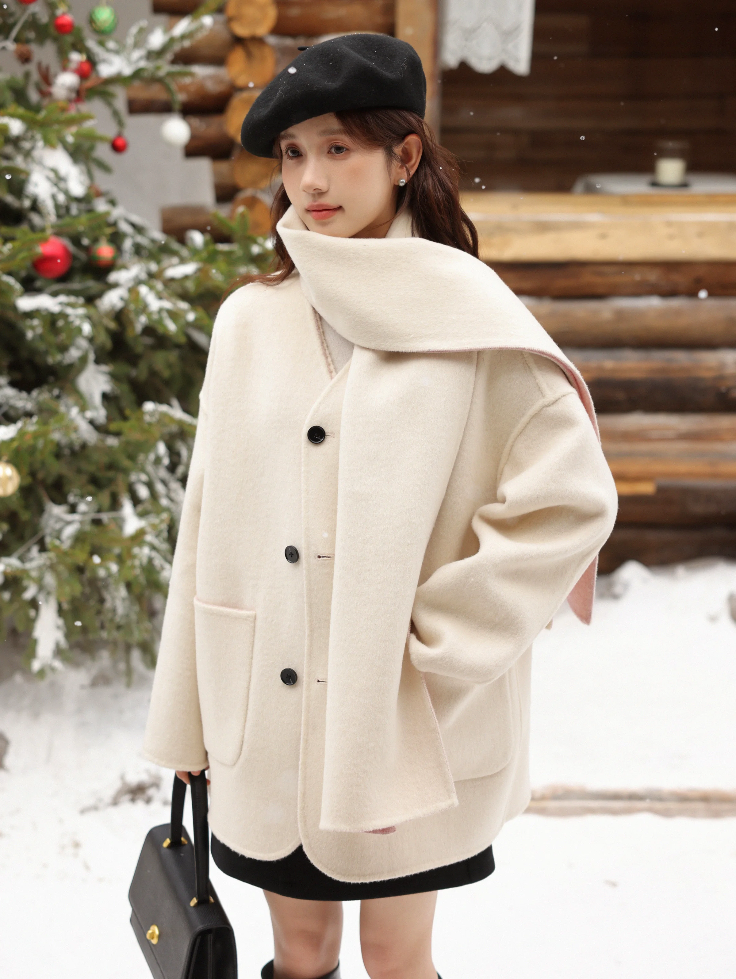 Elegant Wool Blend Coat Double-Faced Winter Jacket Women Loose Warm Casual Outerwear Chic Reversible Overcoat Petite Young Look