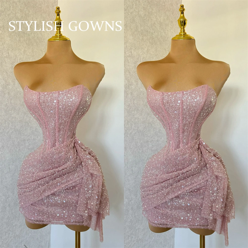 

Pink Pleats Prom Dresses Short Sequin Black Girl 2024 Birthday Luxury Dress Strapless Mermaid Graduation Gown Customized