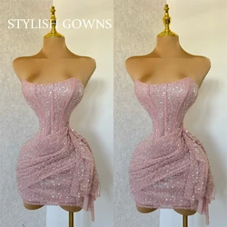 Pink Pleats Prom Dresses Short Sequin Black Girl 2024 Birthday Luxury Dress Strapless Mermaid Graduation Gown Customized