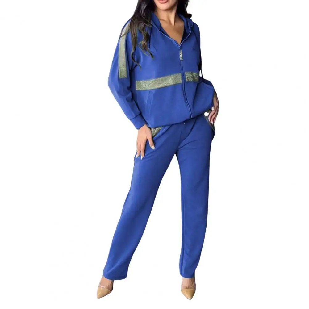 

Women Long-sleeved Hoodie Sequin Hooded Sport Suit For Women Long Sleeve Zip-up Hoodie Elastic Waist Trousers Set For Fitness