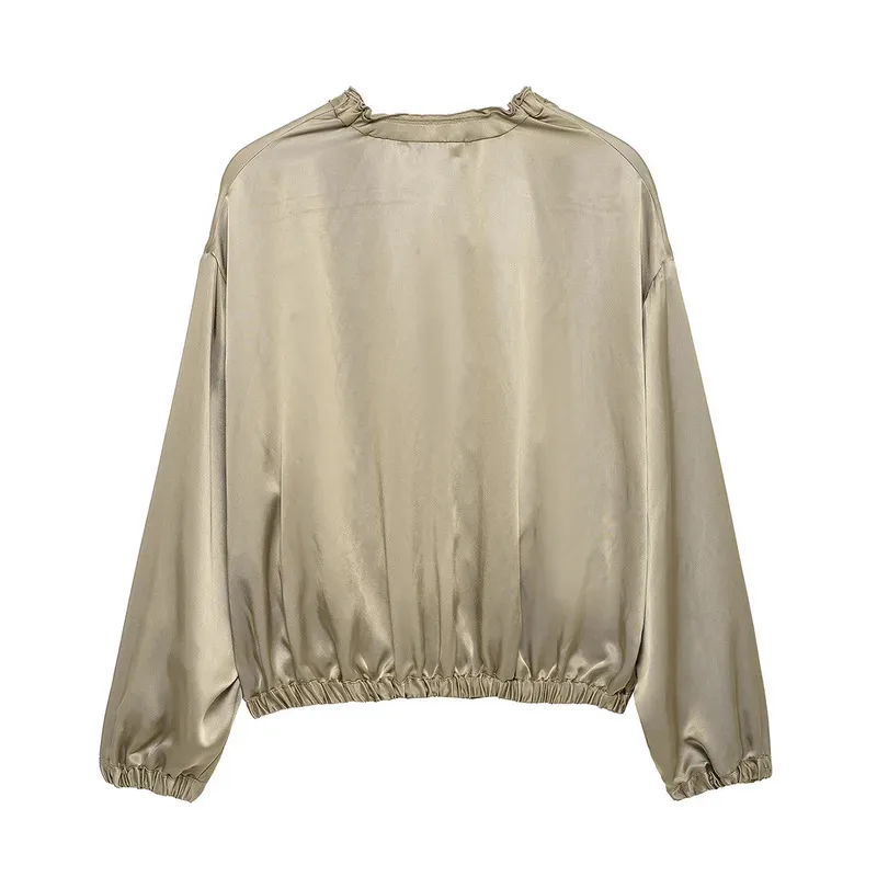 

Women's Vintage Short Jacket Spring New Long Sleeves Ruffle Neckline Asymmetric Zipper Fashion Design with Side Pockets