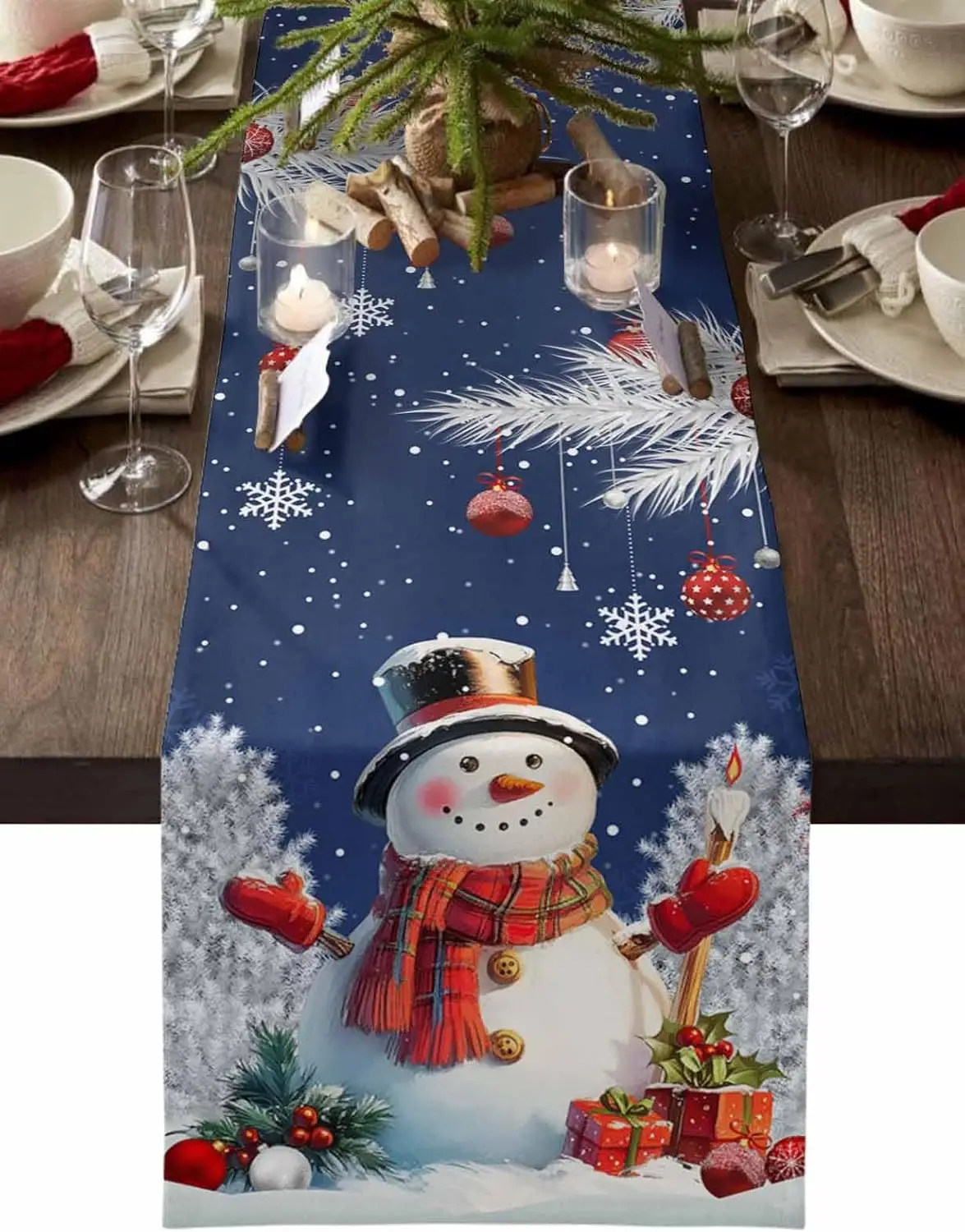 Christmas Snowman Snowflake Navy Blue Linen Table Runner Dining Table Decor Winter Xmas Tree Table Runners Christmas Decorations