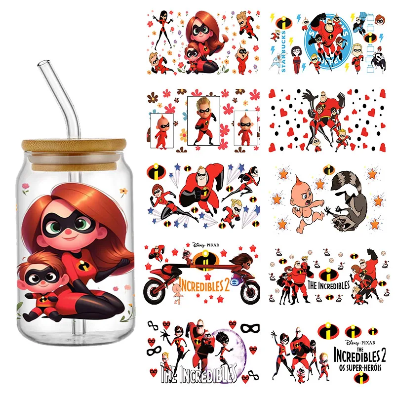 The Incredibles Disney Cartoon Stickers UV DTF Transfer Cup Wraps For 16OZ Glass Bottle Can Waterproof Cup Wrap Custom DIY Label