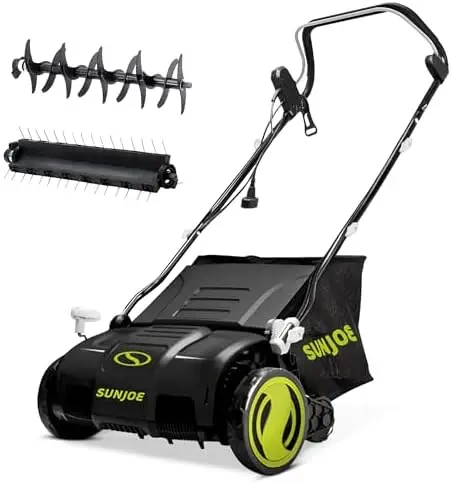 15-Inch Lawn Dethatcher with Scarifier Blade Reel, AJ805E | and Collection Bag - 13-Amp Corded Yard Power Rake Tool