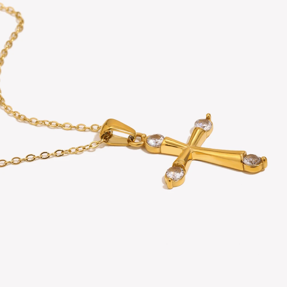 E.B.belle Minimalist Style Glossy Rhinestone Cross Pendant Necklace Tarnish Free Hypoallergenic 316L Stainless Steel For Women