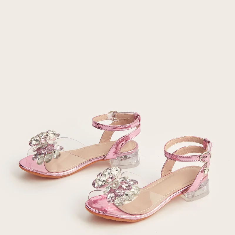 أحذية أطفال كاجوال أحذية بكعب منخفض مفتوحة من الأمام كريستال بولي PU أحذية ربيعية من الجلد للفتيات أحذية مضادة للانزلاق باللون الوردي والأزرق مقاس 27-36