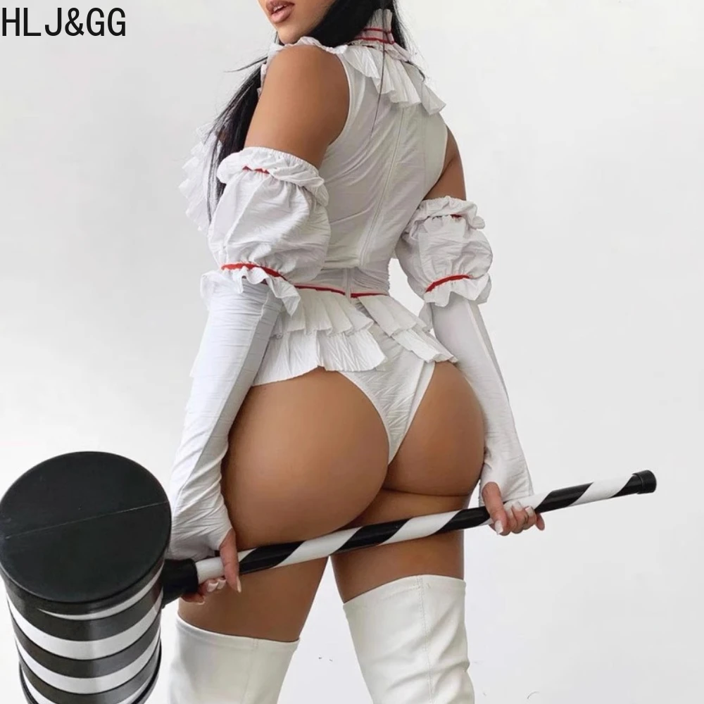 HLJ&GG White Sexy Deep V Ruffle Bodysuits Women Ruched Solid Slim Rompers Fashion Party Clubwear Jumpsuits Cosplay 2025 New