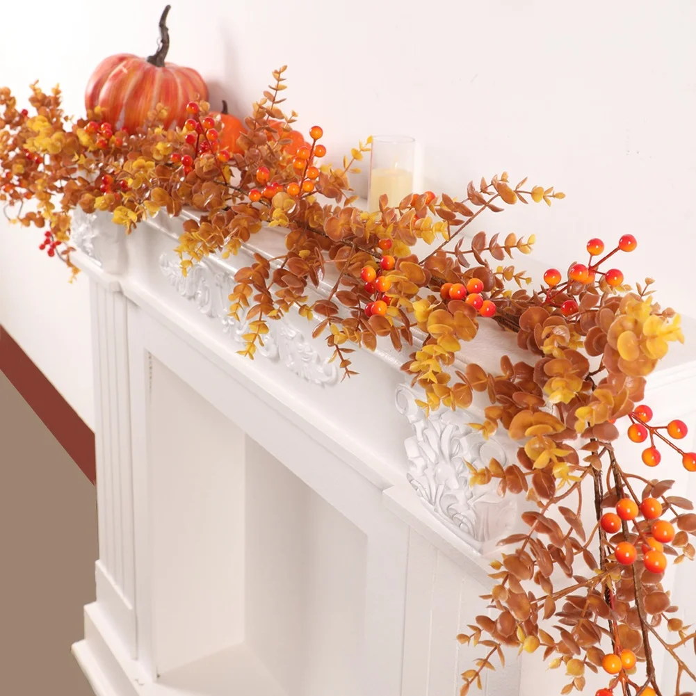 180CM Artificial Red Berry Eucalyptus Vine Plastic Foam Wire Garland For Harvest Festival Fireplace Home Decoration Floral Decor