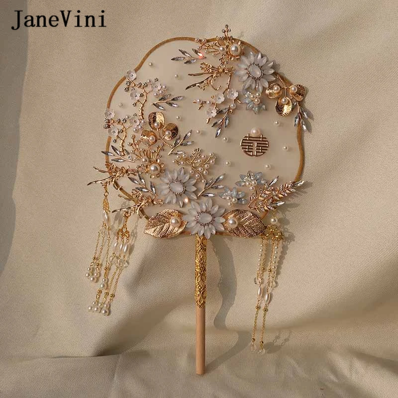 JaneVini Luxury Light Blue Crystal Chinese Bridal Hand Bouquets Fan Gold Tassel Artificial Flowers Metal Fan Wedding Accessories