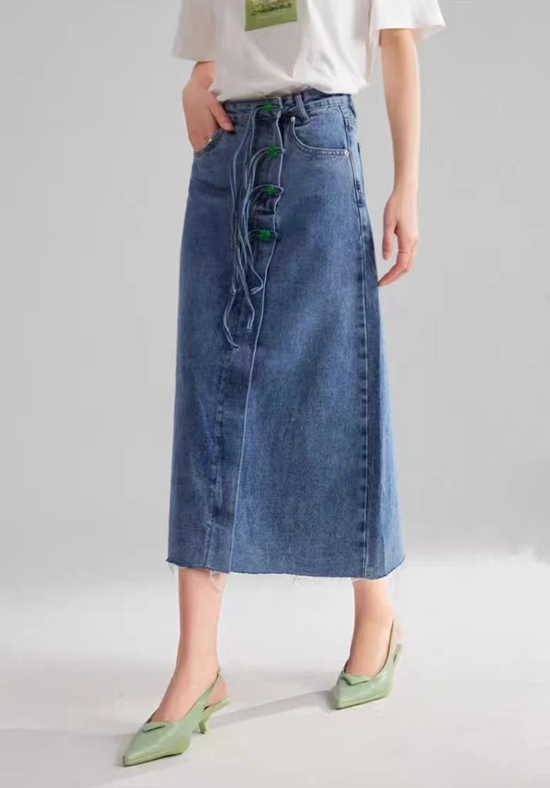 Blue Chinese Element Button Denim Skirt for Women 2023 New High Waist Fur A-line Long Dress Summer