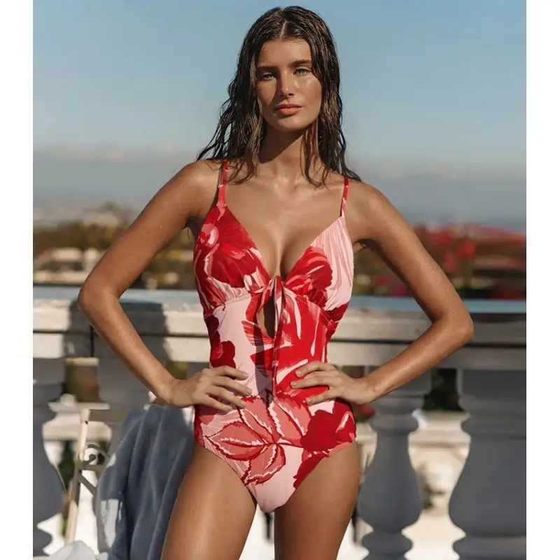 Flaxmaker One Piece Swimsuit and Skirt Red Peony Print Swimsuit Set Women Summer Sleeveless V Neck Beachwear Biquini conjunto de