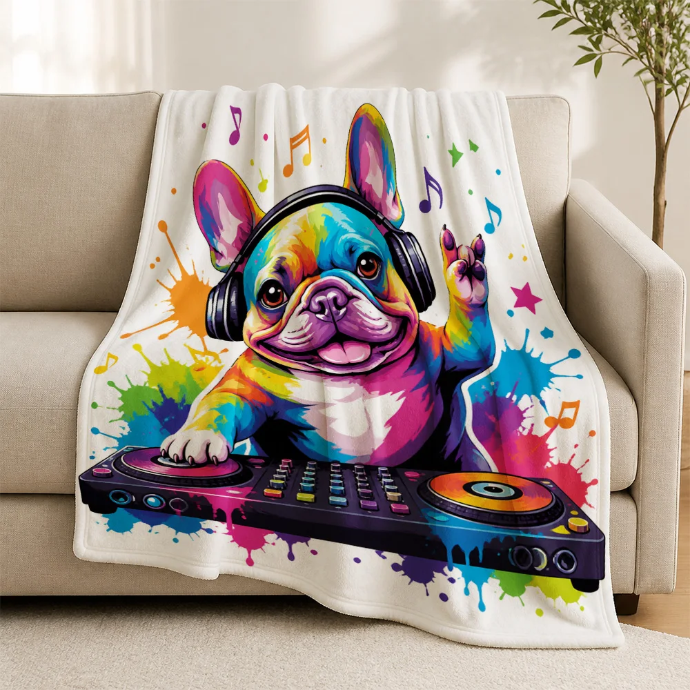 Bohemian Pop Art Dog Theme Throw Blanket for Couch Sofa Living Room Decor Cute French Bulldog Music Lover Gift Cozy Home Accesso