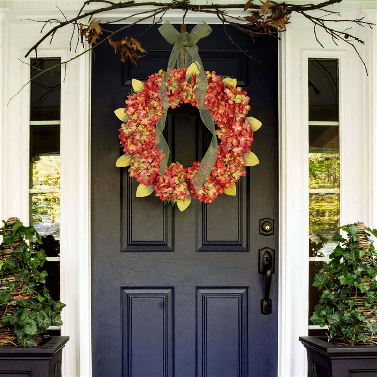 

45cm/17.72in Thanksgiving Wreath Fall Hydrangea Bowknot Decoration Flower Garland Wreath Thanksgiving Front Door Home Decor