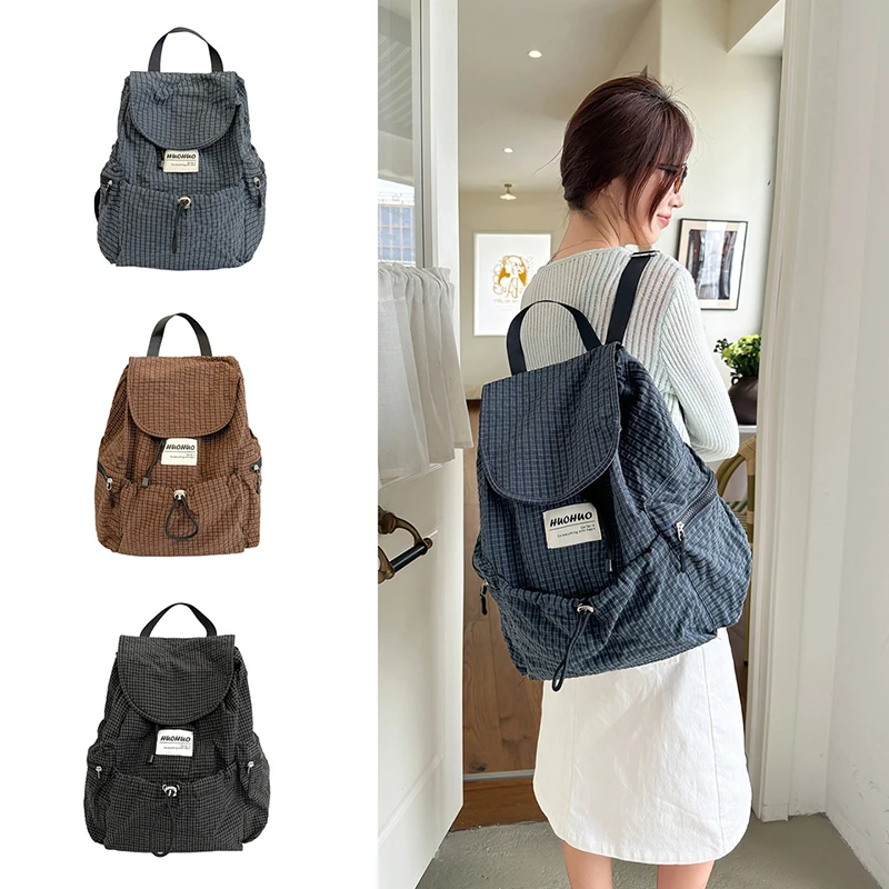 Vintage Plaid Drawstring Backpack Letter Print Multi-pocket Student School Bag Large Capacity Outdoor Travel Nylon Backpack